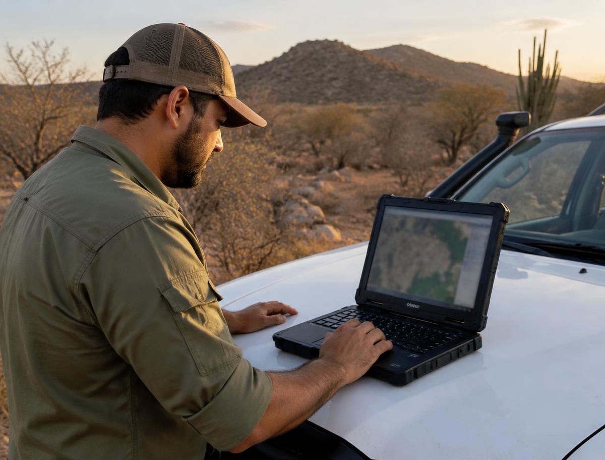 Técnico da CJE com receptor GNSS em área de vegetação nativa