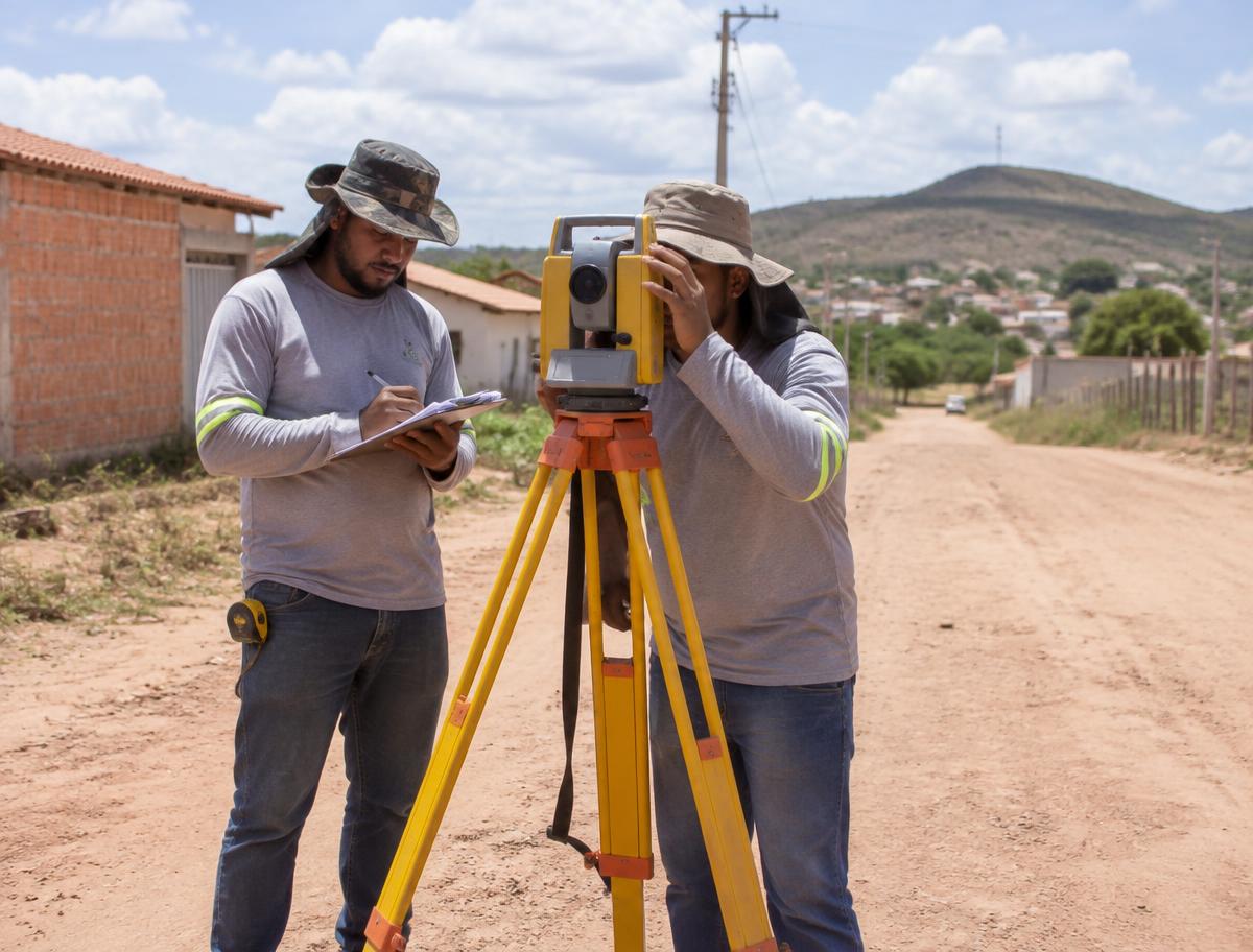 Técnicos da CJE realizando levantamento topográfico com tripés e receptores GNSS
